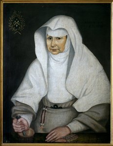 Die Apothekerin Schwester Pierrette Monnet (1557-1628), vom Hotel Dieu de Beaune. Dargestellt mit einem Mörser und seinem Stößel in der Hand. Anonymes Gemälde, Öl auf Leinwand. von Unknown artist