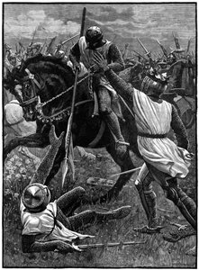 Die Schlacht von Evesham, 4. August 1265. (ca. 1800). Evesham markierte das Ende des Zweiten Baronenkriegs. Royalistische Truppen unter der Führung von Prinz Edward (Edward I.) besiegten Simon de Montfort (ca. 1208-1265), der in der Schlacht getötet wurde.