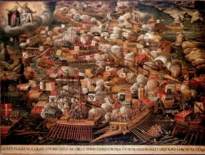 Die Schlacht von Lepanto vor der Küste Griechenlands, 1571