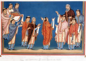 Die Kanoniker von Sankt Martin von Tours bieten König Karl dem Kahlen eine in ihrer Abtei geschriebene Bibel an von Unknown artist