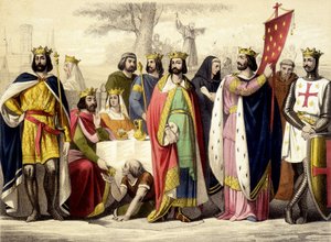 Die Kapetinger von 987 bis 1137. Hugues Capet, Robert I., Constance, Philippe I., Ludwig VI. und Ludwig VII. Gravur des 19. Jahrhunderts.