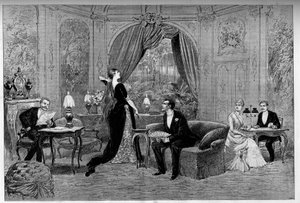 Der Graf von Riverolles, Francine, Stanislas de Grandredon, Therese Smith und Henri de Simeux, Charaktere des Stücks „Francillon“, Komödie von Alexandre Dumas (1824-1895), gespielt an der Comédie-Française (1887) in Paris. Gravur in „Le monde illustré“ von Unknown artist
