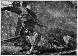 Der Tod von Juan de la Cosa - Tod von Juan de la Cosa (1460-1510), Kartograf, Konquistador und spanischer Entdecker in Cartagena, Kolumbien - Gravur von 1887 von Unknown artist