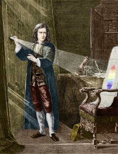 Der englische Physiker Isaac Newton (1642-1727) zerlegt Licht mit einem Glasprisma. Gravur von 1880