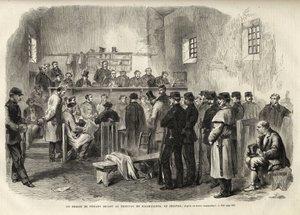 Die Fenian-Rebellion, Untersuchung von Mr. Cleary im Gerichtsgebäude von Kilmallock - 1867 - Ein Prozess gegen Fenians vor dem Gericht von Kilmallock in Irland - 1867 - Gravur aus „Das illustre Universum“ von 1867