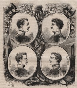 Die vier Sergenten (Jean Francois Bories, Jean Joseph Pommier, Marius Claude Raoulx und Charles Goubin) von La Rochelle, beschuldigt unter der Restauration, die Monarchie stürzen zu wollen, und 1822 guillotiniert