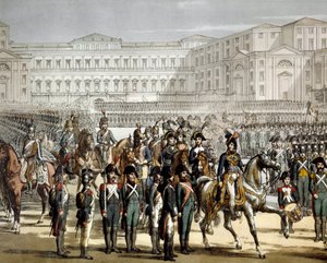 Der französische General und König von Neapel Gioacchino (Joachim) Murat überprüft die cisalpinische Miliz vor der Villa Reale de Monza am 07.08.1801