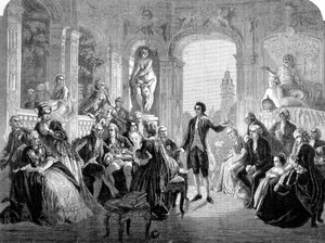Der deutsche Dichter Johann Wolfgang Goethe am Hof des Markgrafen Friedrich von Baden. Gravur nach dem Gemälde von Federico Pecht