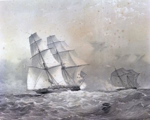 Die HMS Acorn Brigg mit 16 Kanonen verfolgt den Negrier Gabriel