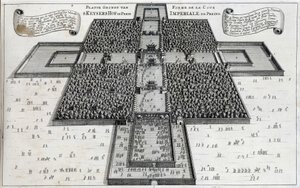 Der Kaiserhof von Peking (Verbotene Stadt) - in „Die Botschaft der Ostindischen Kompanie der Vereinigten Provinzen an den Kaiser von China oder Großkhan von Tartaria“ von Pierre de Goyer und Jacob de Keyser, Leiden