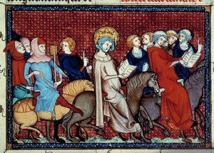 Der König von Frankreich Ludwig IX. (Saint Louis) (1214-1270) erzählt seinen Miniaturkaplänen seine Stunden. Miniatur aus einem Manuskript „Leben und Wunder des heiligen Louis“ von Wilhelm von Saint Pathus