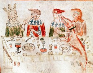 Der König der Franken Pippin III. der Kurze (714-768) und sein Sohn Karl der Große bei einem Bankett. Miniatur aus einem Manuskript des 12. Jahrhunderts. Venedig, Biblioteca Nazionale Marciana