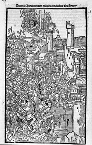 Die Ritter von Rhodos (der Orden der Hospitaliter des Heiligen Johannes von Jerusalem) greifen Rhode Island an in „Rhodiorum Historia“ von Guilelmus Caorsin, Ulmae, Joh. Reger 24. Oktober