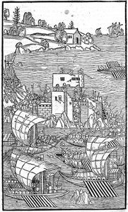 Die Ritter von Rhodos (der Orden der Hospitaliter des Heiligen Johannes von Jerusalem) greifen Rhode Island an in „Rhodiorum Historia“ von Guilelmus Caorsin, Ulm, Joh. Reger 24. Oktober