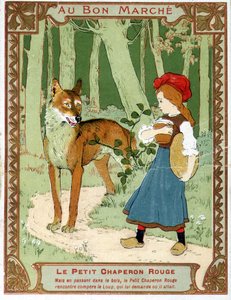 Rotkäppchen trifft den Wolf - Bon Marché Werbeetikett