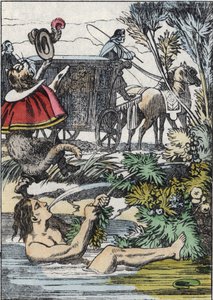 Der Marquis de Carabas täuscht vor, zu ertrinken, während der gestiefelte Kater um Hilfe ruft. Illustration aus Charles Perraults Märchen „Der gestiefelte Kater“