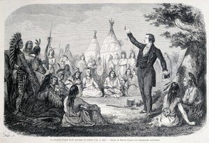 Der Mormonenprophet Joseph Smith predigt den Indianern (Nordamerika). Illustration aus dem 19. Jahrhundert