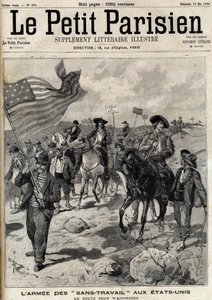 Die „No Work“-Armee in den Vereinigten Staaten auf dem Weg nach Washington. Im April fanden Streiks in Pennsylvania und Ohio statt, und eine Armee arbeitsloser Männer unter der Führung von Jacob Coxey marschierte nach Washington, um Arbeit zu fordern. Grav