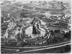 Der Parc des Buttes Chaumont, ein öffentlicher Garten im 19. Arrondissement von Paris, gebaut unter der Initiative von Napoleon III, geschaffen von Baron Haussmann.