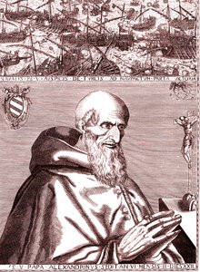 Papst Pius V. schließt ein Bündnis mit der spanischen Flotte und der venezianischen Flotte gegen die Türken in der Schlacht von Lepanto im Oktober 1571