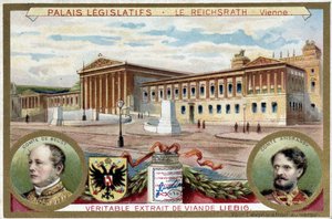 Der Reichsrath-Palast, Wien (Österreich), mit Porträts von Graf Friedrich Ferdinand de Beust (1809-1886) und Graf Gyula Andrassy (1823-1890) - Liebig Chromolithographie
