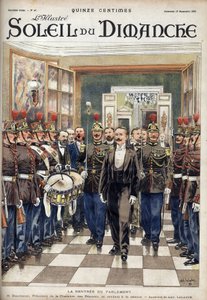 Die Rückkehr des Parlaments; Herr Paul Deschanel (1855-1922), Präsident der Abgeordnetenkammer, nimmt an der Sitzung teil. Gravur in „Le sun-du-dimanche“, 19. November