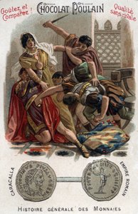 Der römische Kaiser Caracalla (188-217) ermordet seinen Bruder Geta in den Armen seiner Mutter. In der Allgemeinen Münzgeschichte. Schokoladen-Fohlen-Chromolithografie aus dem späten 19. Jahrhundert. Private Sammlung. von Unknown artist