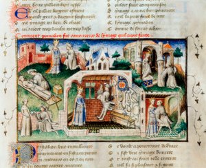 „Der Roman der Rose“: „Wie Pygmalion sich in die Statue verliebte, die er gemacht hatte“. Miniatur aus dem 14. Jahrhundert. Bibliothek der Universität Valencia