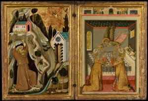 Die Stigmatisation des Heiligen Franziskus und Engel krönt die Heiligen Cäcilia und Valerian von Unknown Artist