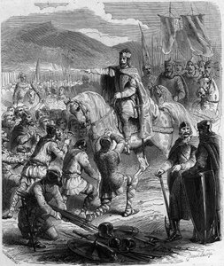 Die Unterwerfung der Sachsen im Jahr 785 - Geschichte Galliens im Mittelalter: Die Sachsen Germaniens knien vor König Karl dem Großen (742-814), dem Sieger der Kriege - Gravur in „Histoire De France En Hundred Paintings“ von Paul Lehugeur (1891)
