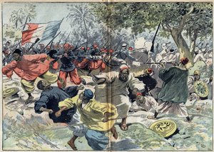 Die sudanesischen Truppen von Samory Toure wurden hinter den Ufern des Cavalby-Flusses von einer französischen Kolonie unter Leutnant Walfel aufgestellt. Sudan, 9. September 1898. Illustration in „Le Pelerin“ vom 9. Oktober