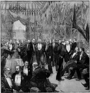 Das Suez-Bankett vereinte die wichtigsten Finanziers der Welt (Treffen der Mitglieder der Internationalen Kommission). Gravur in „The Illustrous World“