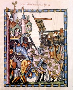 Der Schweizer Dichter und Ritter Graf Werner von Homberg (1284-1320) im Dienst von Kaiser Heinrich VII. belagerte eine Festung, die von den Anjou-Truppen von Sizilien verteidigt wurde. Miniatur des Codex „Manesse“ oder „Manessesche Liederhandschrift“