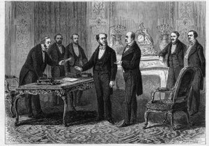 Der Viscount von Gontaut Biron, französischer Botschafter in Berlin, und der Prinz von Bismarck (Otto von Bismarck)