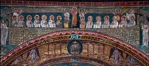 Die Vision des Himmlischen Jerusalem: Die Auserwählten werden von den Engeln empfangen. Unten, das Lamm Gottes. (Detail) Mosaik um 830. Triumphbogen der Basilika Santa Prassede, Rom von Unknown artist