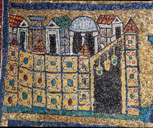 Die Vision des himmlischen Jerusalem: Detail von Jerusalem, dargestellt in einer befestigten Stadt. Mosaik um 830. Triumphbogen der Basilika Santa Prassede, Rom
