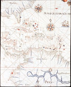 Die Westindischen Inseln: Florida, Honduras, Kuba, Peru und die Karibik (Detail des Portulans von Castellini) von Unknown artist