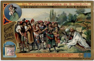 Der Akt II Szene 1. Illustration für die Oper „Il trovatore“ von Giuseppe Verdi (1813-1901). Chromolithographie (Chromo) Liebig aus dem späten 19. Jahrhundert. von Unknown artist