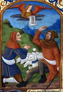 Der Engel kündigt den Hirten die Geburt Jesu an. Manuskript des 15. Jahrhunderts. Biblioteca Nazionale Braidense, Mailand