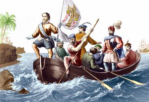 Die Ankunft von Christoph Kolumbus in San Salvador am 12.10.1492. Gravur um 1876