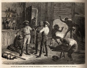 Die Ankunft der Bergleute in einem Gasthaus in Caribou (Kanada), Szenen der Entspannung und Wiedervereinigung bei einem Getränk. Illustration der Reise vom Atlantik zum Pazifik (Nordwestroute über Land), 1862-1864 von Viscount Milton und Doctor Cheadle, in