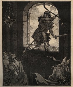 Die Kunst des Glases: bemalte Buntglasfenster. Theoderichs Soldaten zerbrechen ein Buntglasfenster, um in die Kirche von Brioude (Haute Loire) im Jahr 521 einzudringen. Gravur von 1885 in „Les arts et métiers illustrés“ von Adolphe Bitard. von Unknown artist