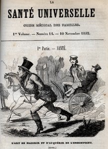 Die Kunst des Abnehmens und Zunehmens: Ein Mann geht zu Fuß, während ein anderer in einer Kutsche transportiert wird - Gravur in „La Sante Universelle - Guide Medical des Familles“ 1852 von Unknown artist