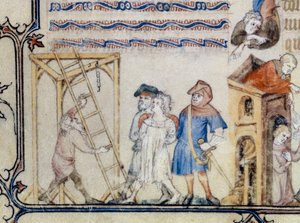„Die Ballade der Gehängten“. Miniatur, die das Gedicht von Francois de Moncorbier dit Villon (1431/1432-1463) illustriert. 15. Jahrhundert