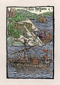 Die Landung auf Hispaniola durch Christoph Kolumbus. Gravur aus „De insulis in mare Indico super inventis“, Basel 1493-1494 (lateinische Übersetzung von Kolumbus