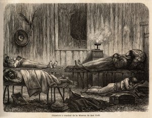 Das Schlafzimmer der christlichen Mission von San Jose (Peru), das den Autor während seiner Reise aufnimmt. Illustration der Reise vom Pazifik zum Atlantik durch Südamerika, 1848-1860 von Paul Marcoy, in 