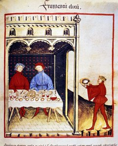 Die Vorteile von Weizen: eine Mahlzeit auf Brot-Basis. Illumination aus der „Tacuinum sanitatis“ von Unknown artist