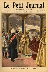 Der Segen der Newa, eine russische Tradition, die jedes Jahr während der Epiphanie in St. Petersburg stattfindet. Gravur in „Le petit journal“ 3/02/1895. Selvas Sammlung.