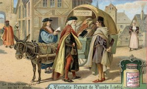 Der Buchhändler und seine reisende Buchhandlung im 16. Jahrhundert. Chromolithographie, Liebig-Bild.