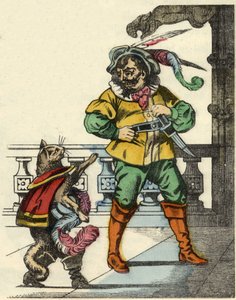 Der gestiefelte Kater trifft den Oger. Illustration des Märchens „Der gestiefelte Kater“ von Charles Perrault.